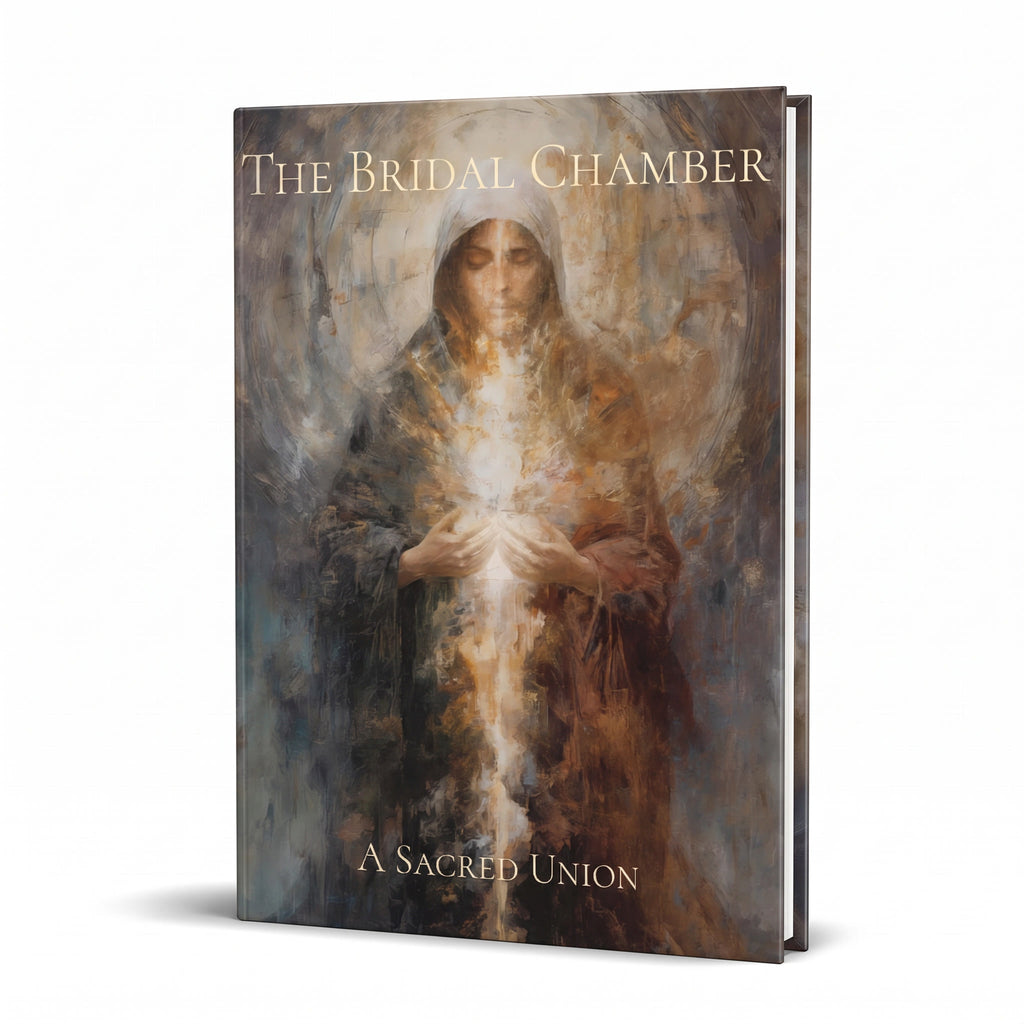 A hardcover book titled 'The Bridal Chamber: A Sacred Union' featuring an artistic cover illustration of a hooded figure in dark robes with a glowing light at the center, set against a plain white background.