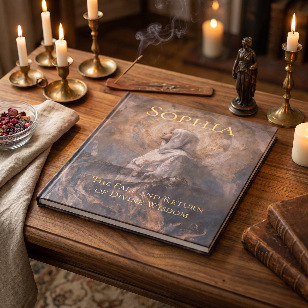 A hardcover book titled 'SOPHIA: The Fall and Return of Divine Wisdom' lies open on a wooden table surrounded by lit candles, brass candlesticks, a small statue, and dried botanicals in a warm, atmospheric setting.