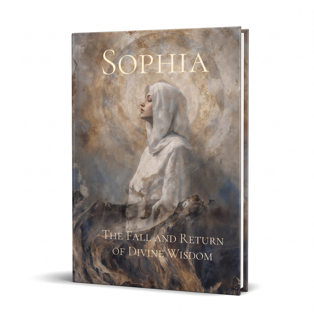 A hardcover book titled 'Sophia: The Fall and Return of Divine Wisdom' shown at a slight angle on a white background. The cover features a classical painting of a robed woman in profile with a glowing halo, rendered in muted beige, brown, gray, and white tones, with the title in gold lettering.