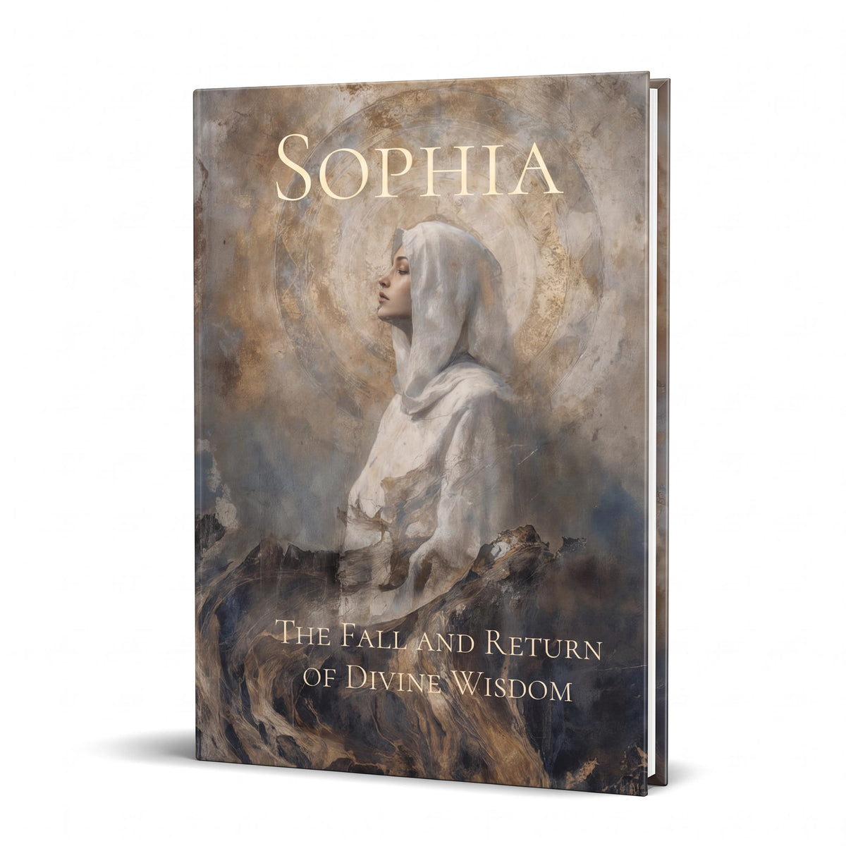A hardcover book titled 'Sophia: The Fall and Return of Divine Wisdom' shown at a slight angle on a white background. The cover features a classical painting of a robed woman in profile with a glowing halo, rendered in muted beige, brown, gray, and white tones, with the title in gold lettering.