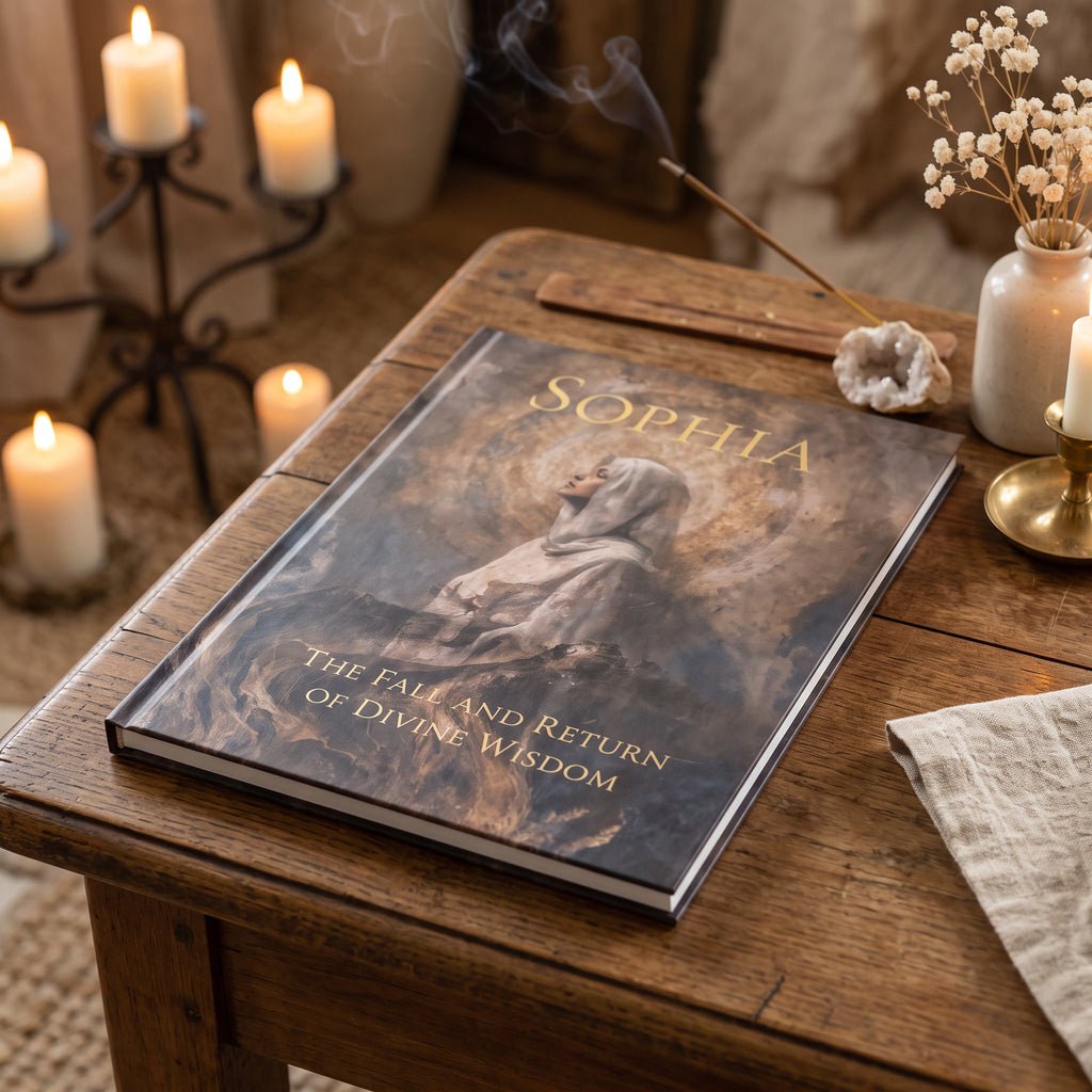 A hardcover book titled 'Sophia: The Fall and Return of Divine Wisdom' lies on a rustic wooden table surrounded by lit candles, a crystal, dried flowers, and an incense stick.