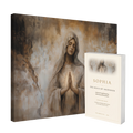 A canvas wall art print and a matching book titled 'Sophia: The Seeds of Ascension' are shown together on a clean white background. The artwork depicts a serene, praying woman in soft beige, brown, and white tones with a glowing light at the hands.