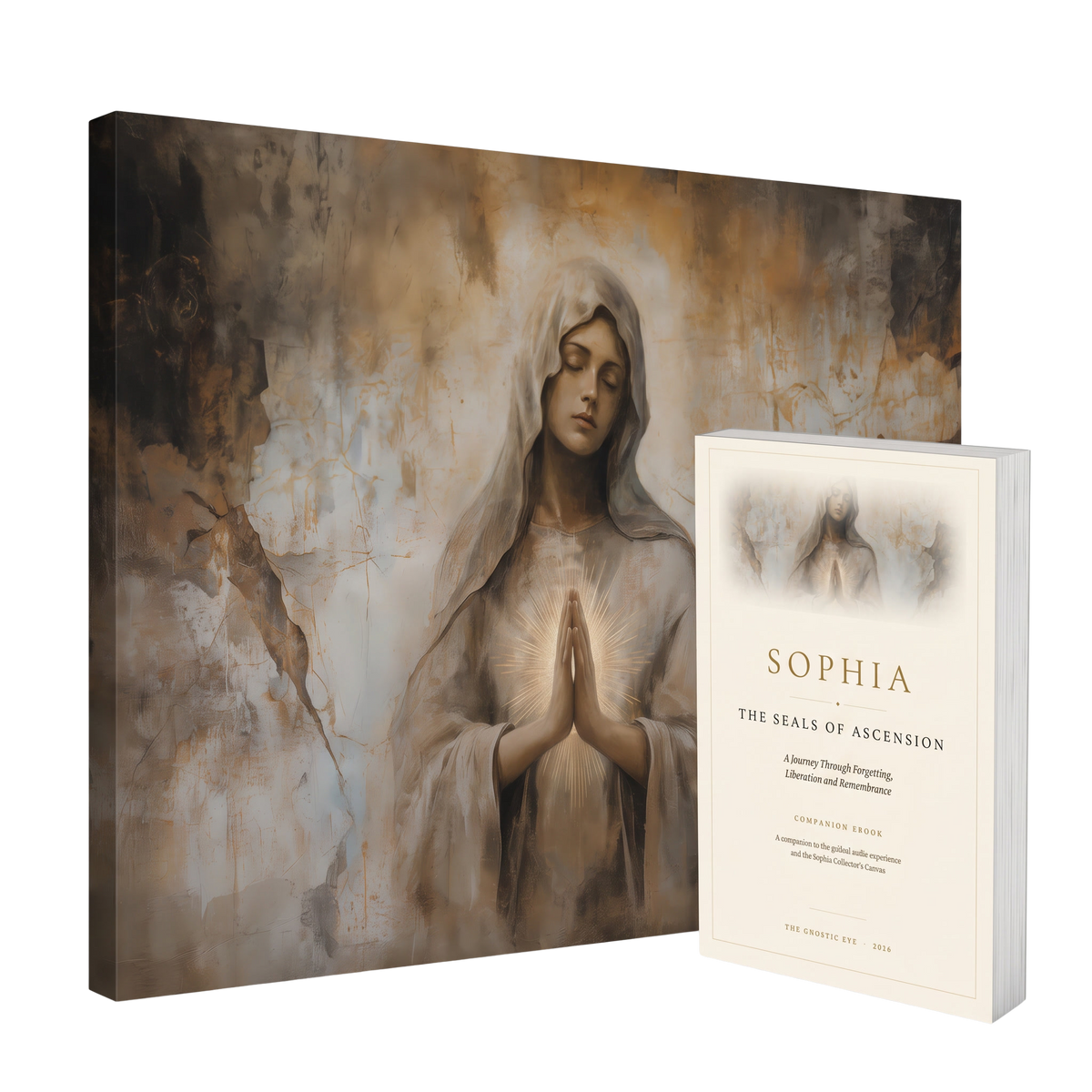 A canvas wall art print and a matching book titled 'Sophia: The Seeds of Ascension' are shown together on a clean white background. The artwork depicts a serene, praying woman in soft beige, brown, and white tones with a glowing light at the hands.