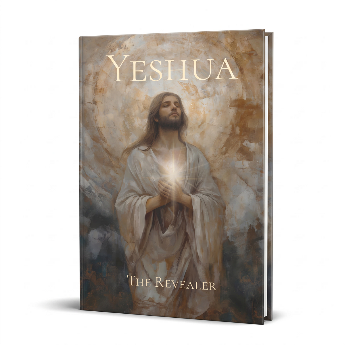 A 3D mockup of a book titled 'Yeshua: The Revealer' showing a religious illustration of Jesus with a glowing light on the cover, set against a plain white background.